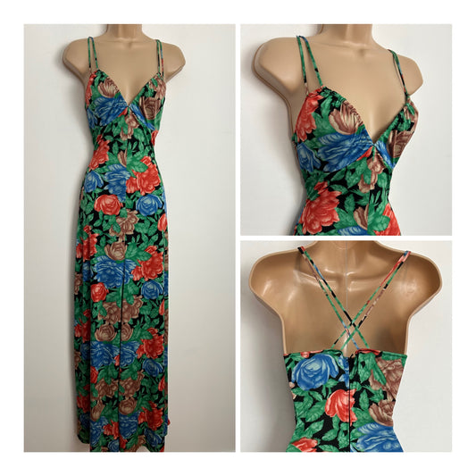 Vintage 1970s Size 6-8 Black Orange Blue Beige & Green Floral Print Double Cross Strap Summer Maxi Dress