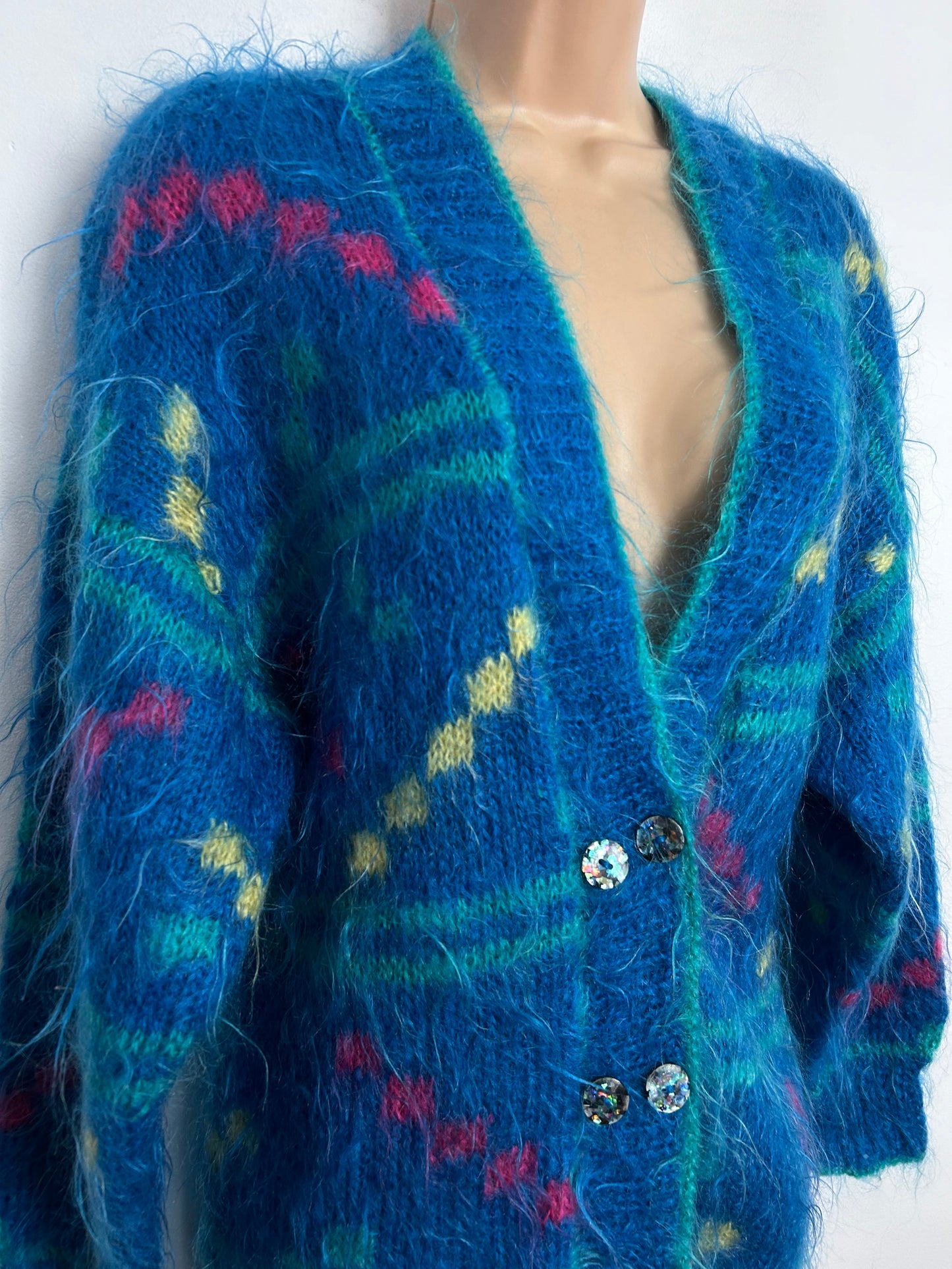 Vintage 1980s One Size Up To 14/16 Peacock Blue Pink & Green Abstract Pattern Mohair Mix Cardigan