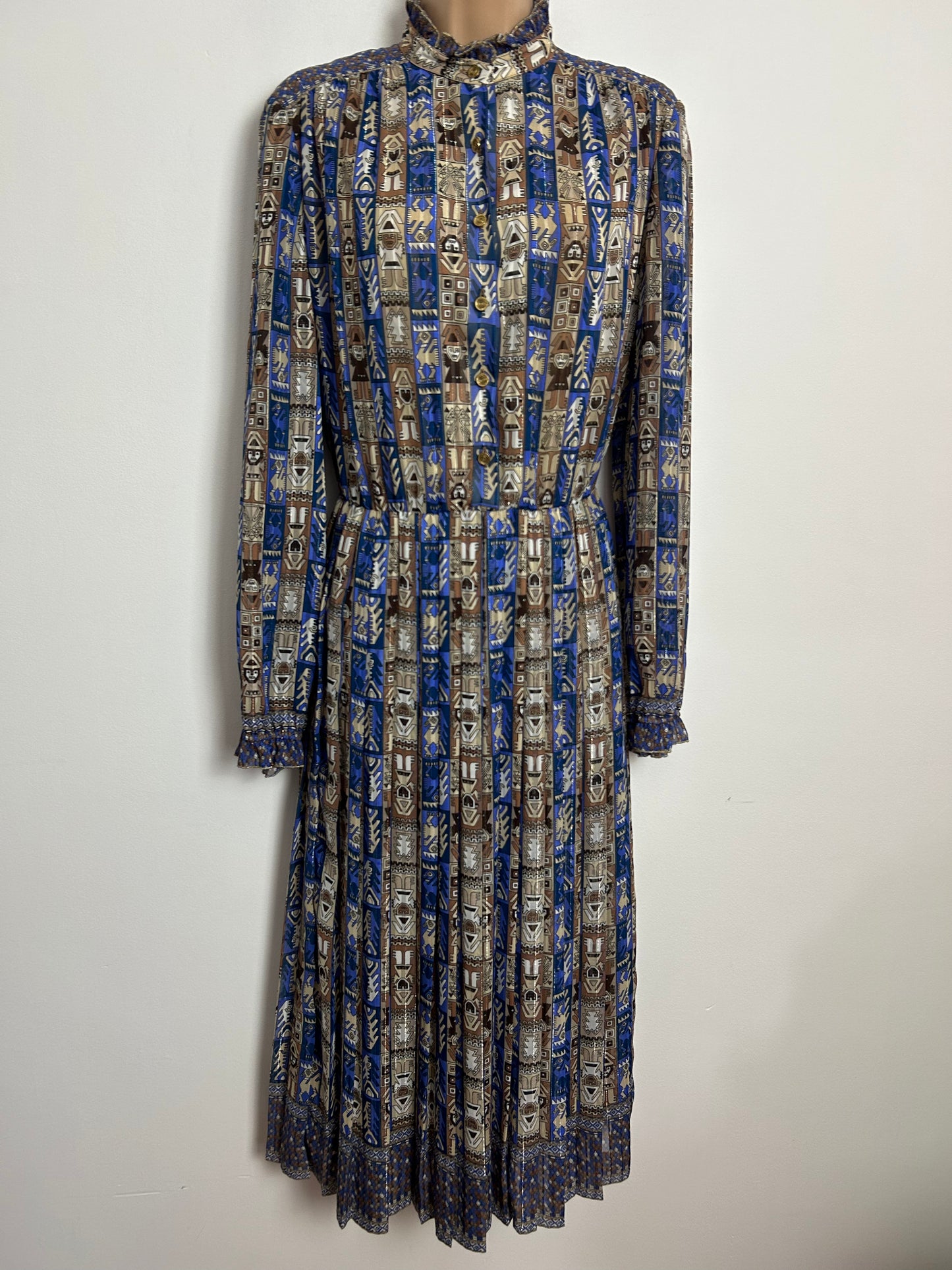 Vintage 1980s FINK MODELL UK Size 14 Blue Brown & Beige Aztec Print Long Sleeve Pleated Midi Day Dress
