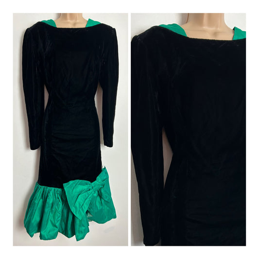 Vintage 1980s DESIGNER CARVEN PARIS Size 12 Black & Green Velvet Silk Bow Detail Cocktail Party Dress