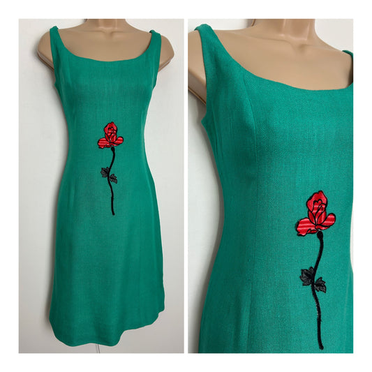 Vintage Early 1970s Size 8 Jade Green Floral Applique Detail Sleeveless Fitted Day Dress