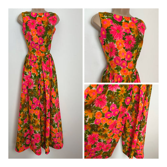 Vintage 1960s EDNA OLIVER WAIKIKI Size 6 Neon Pink & Orange Floral Print Cotton Wide Leg Palazzo Jumpsuit