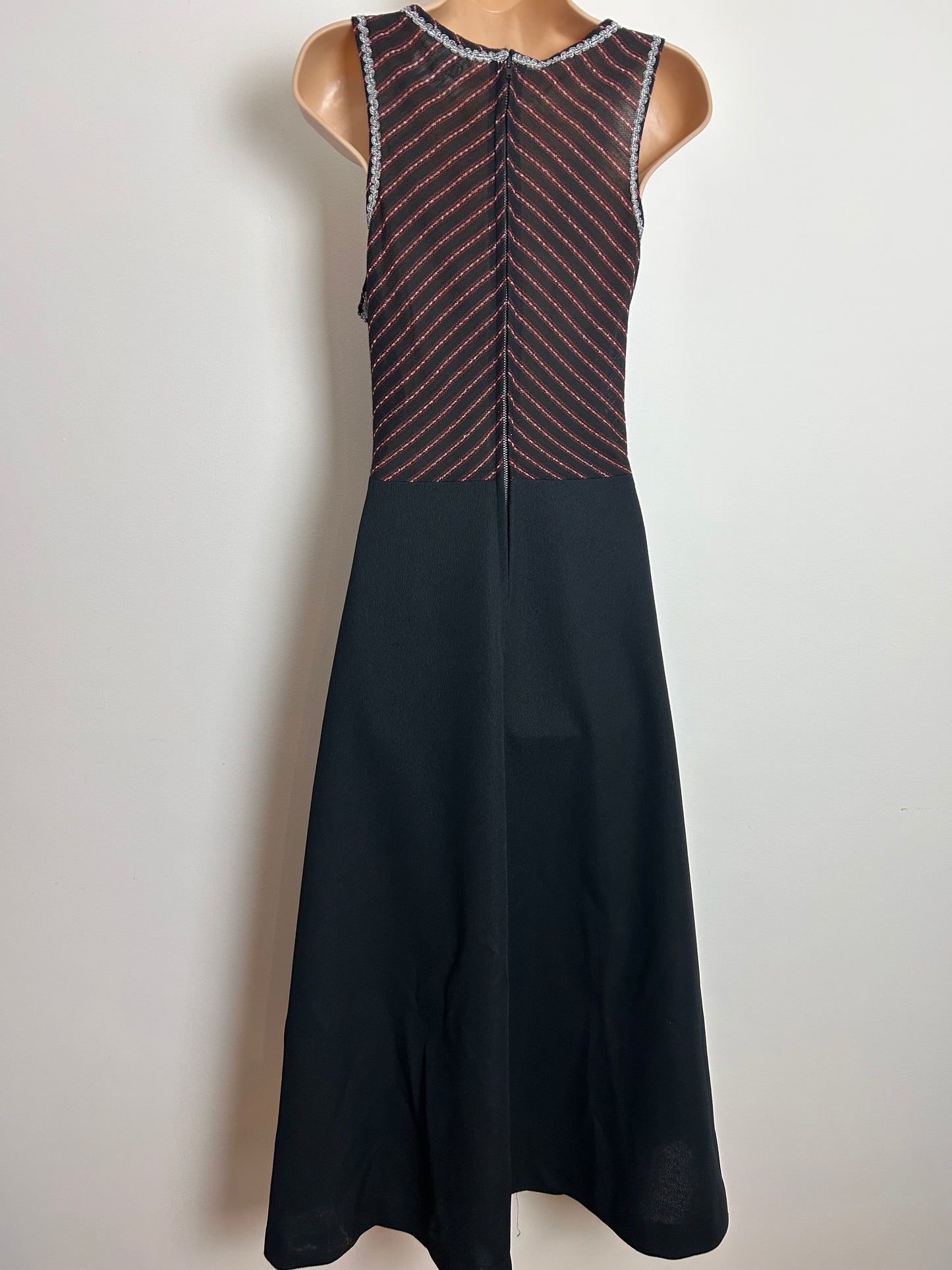 Vintage 1970s Size 14 Black Red & Silver Stripe Braid Trim Evening Party Maxi Dress