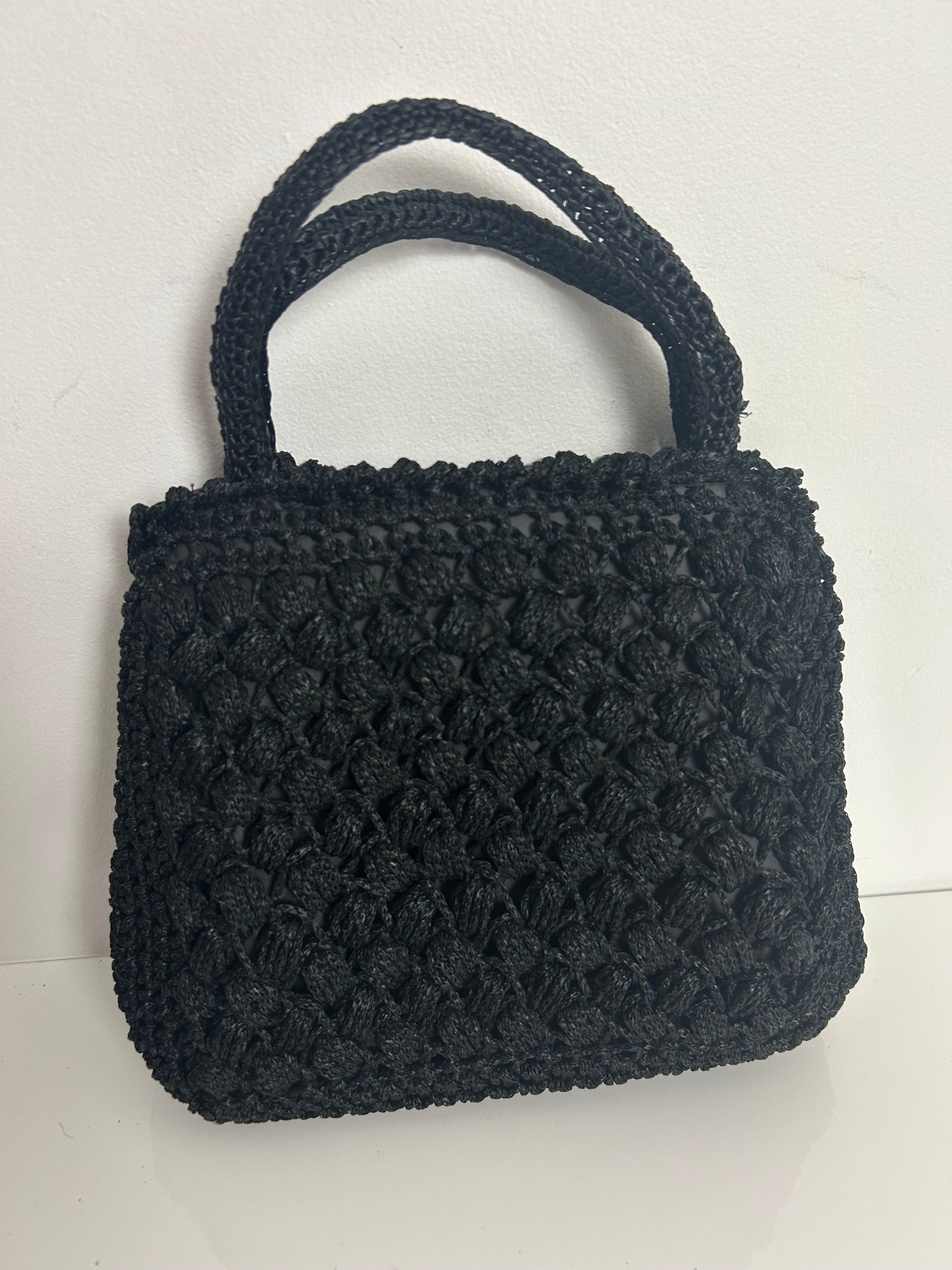 Vintage 1960s Gorgeous Black Crochet Woven Style Top Handle Kelly Style Handbag