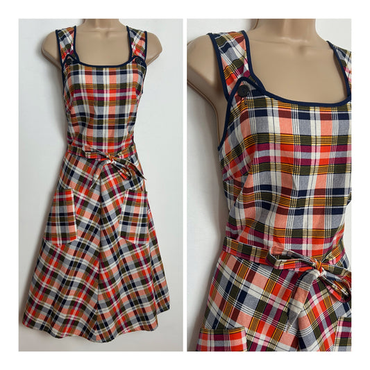 Vintage 1970s Size 10 Blue Orange Red & White Check Print 100% Cotton Pocket Detail Tie Back Summer Dress