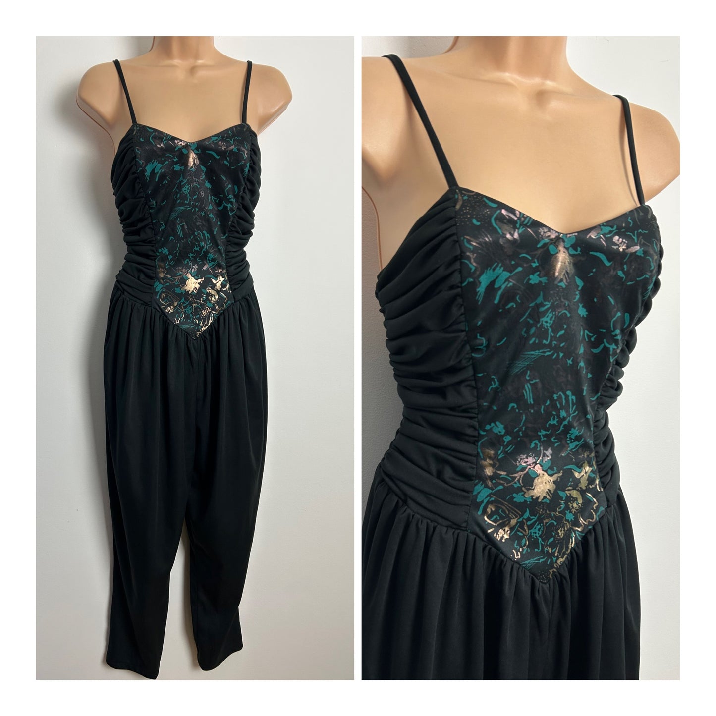 Vintage 1980s Size 10-12 Black Teal & Gold Ruched Bodice Strappy Party Evening Jumpsuit