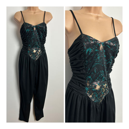 Vintage 1980s Size 10-12 Black Teal & Gold Ruched Bodice Strappy Party Evening Jumpsuit