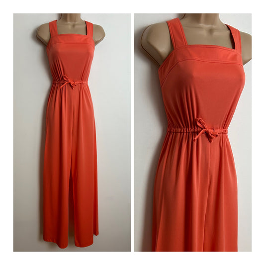 Vintage Early 1980s Size 6 Orange Wide Leg Pull Tie Fastening Wide Leg Jumpsuit