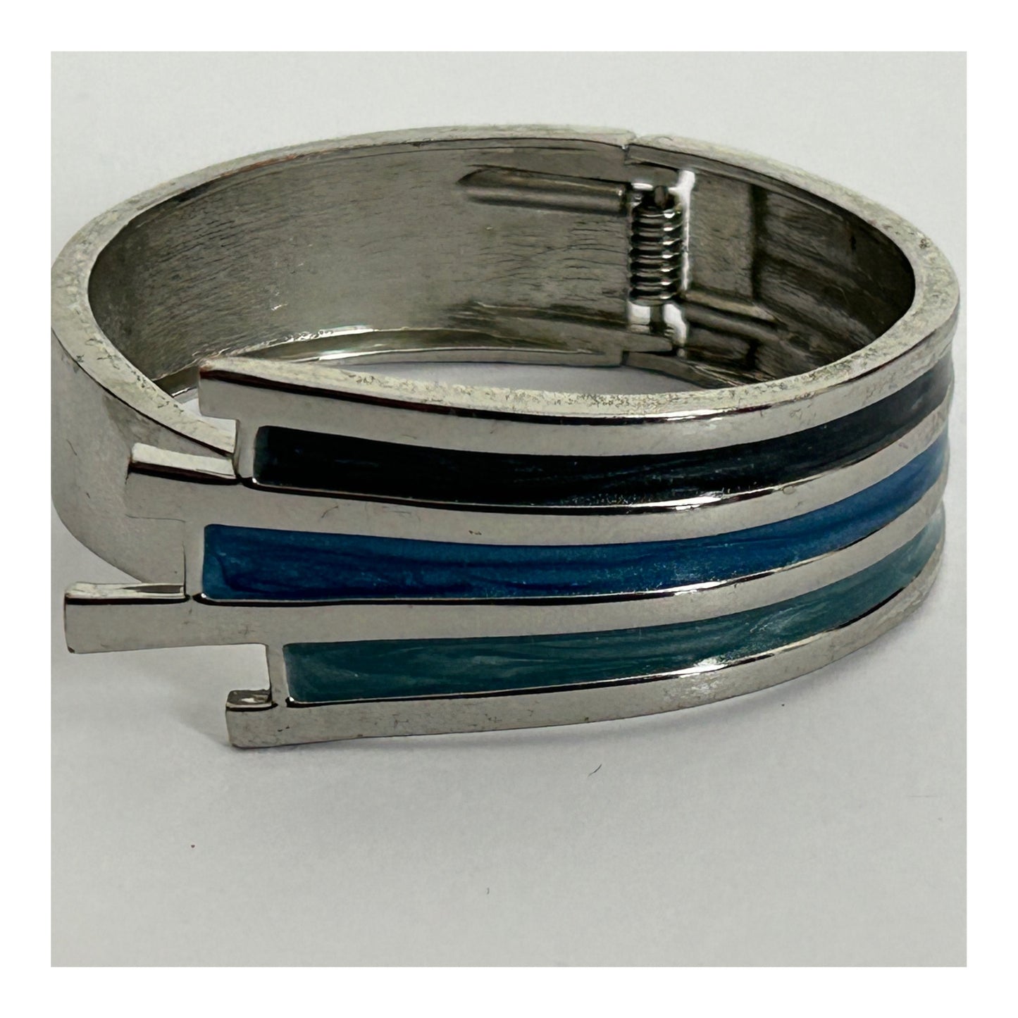 Vintage 1970s Silver Tone & Blue Enamel Modernist Hinged Clamper Bangle/Bracelet
