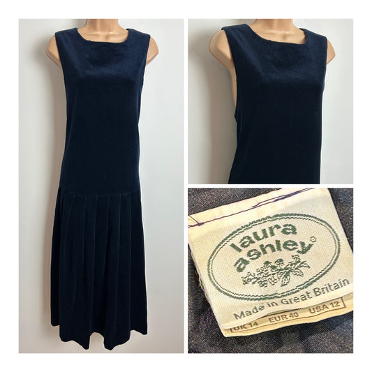 Vintage 1980s LAURA ASHLEY Size 12 (14 On Label) Navy Blue Corduroy Pleated Pinafore Dress