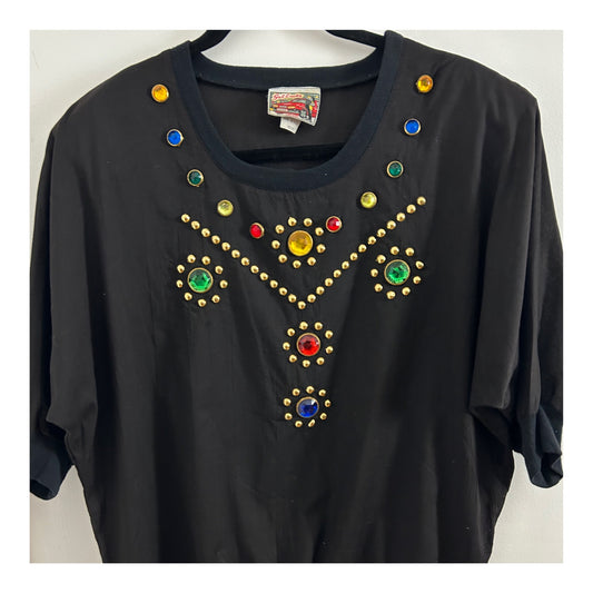 Vintage 1980s GET LUCKY Size Medium Black Jewel Embellished Short Sleeve Oversize Top