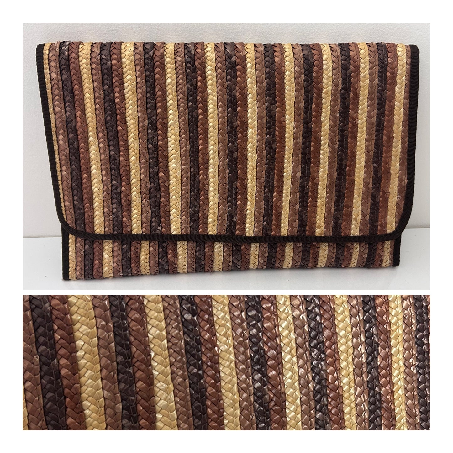 Vintage 1960s VALERIE MADE IN ITALY Brown Tones Straw Envelope Clutch Handbag