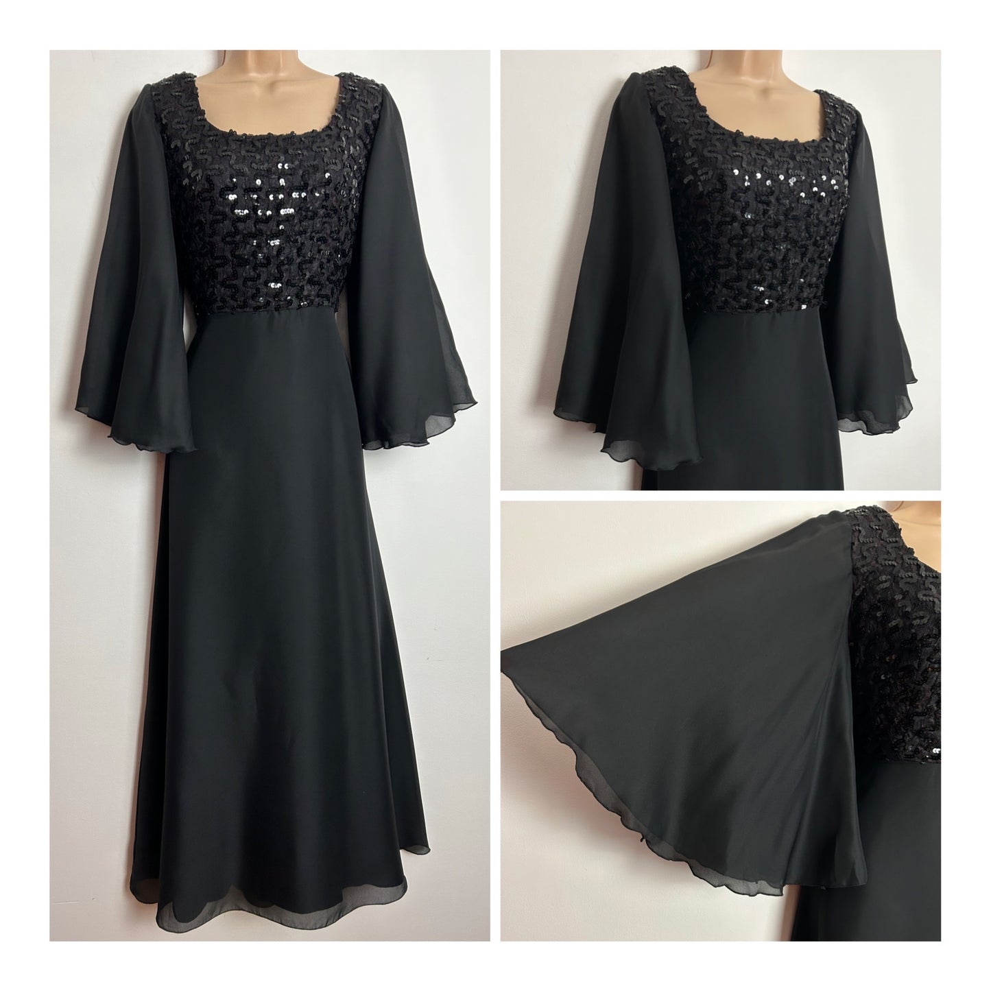 Vintage 1970s KLEEMIER HOFF UK Size 10 Black Chiffon Lace & Sequin Bodice Flutter Sleeve Boho Occasion Evening Maxi Dress