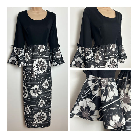 Vintage 1970s Size 12 Black Grey & White Floral Print Flared Cuff Maxi Dress