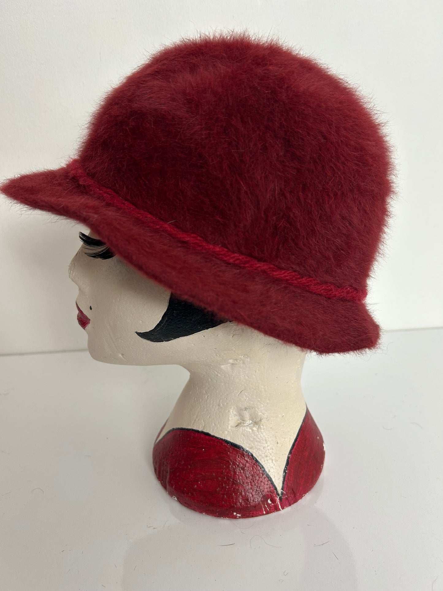 Vintage Austrian CHRISTA LEHNERT Dark Red Angora Wool Rope Trim Trilby Style Hat