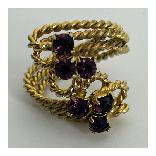 Vintage Gold Tone Base Metal Triple Strand Purple Diamante Stone Wrap Ring Size P