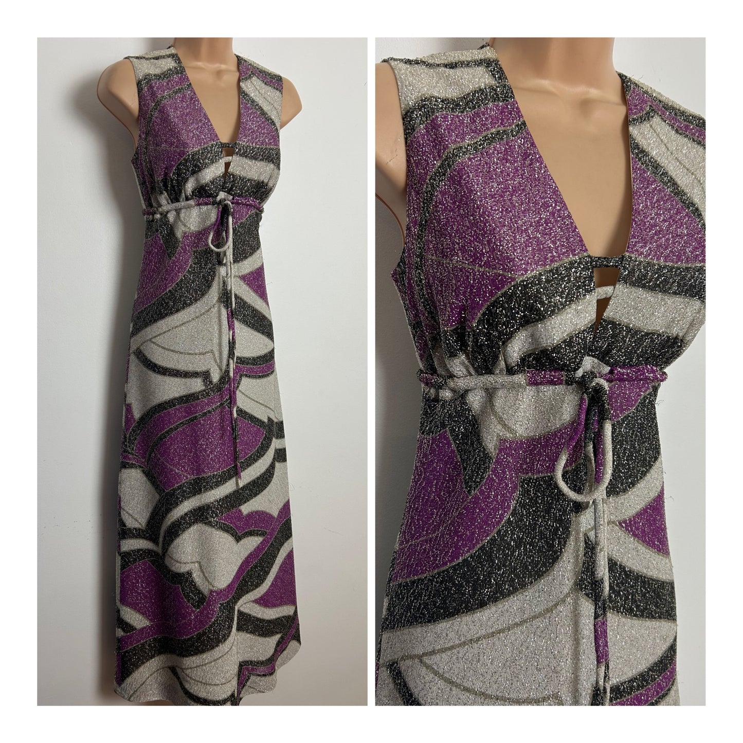 Vintage 1970s Size 6-8 Grey Silver & Purple Tones Abstract Print Lurex Occasion Evening Maxi Dress