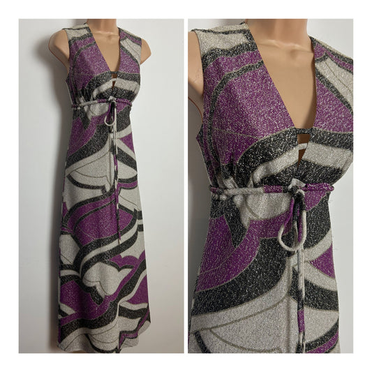 Vintage 1970s Size 6-8 Grey Silver & Purple Tones Abstract Print Lurex Occasion Evening Maxi Dress