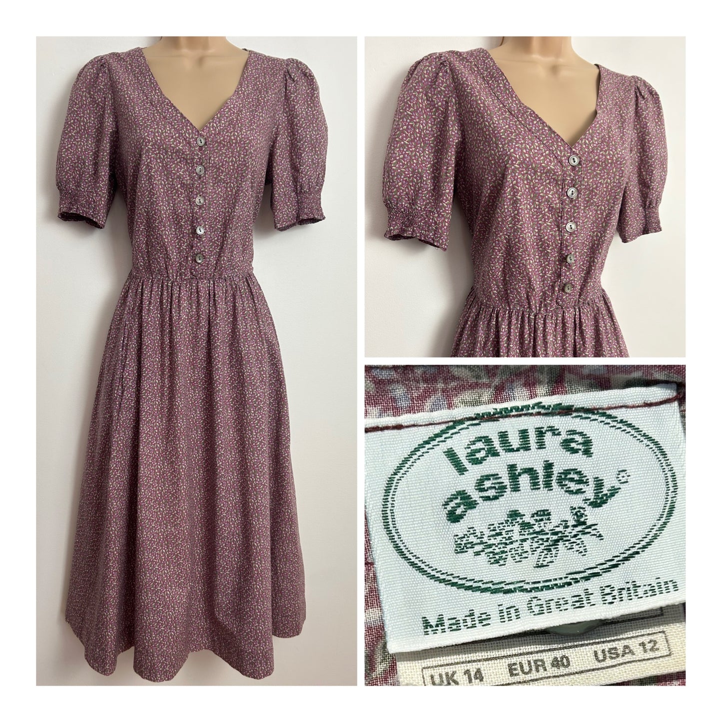 Vintage 1980s LAURA ASHLEY Size 10 (Size 14 On Label) Dark Dusky Pink Ditsy Floral Print Cotton Tea Dress