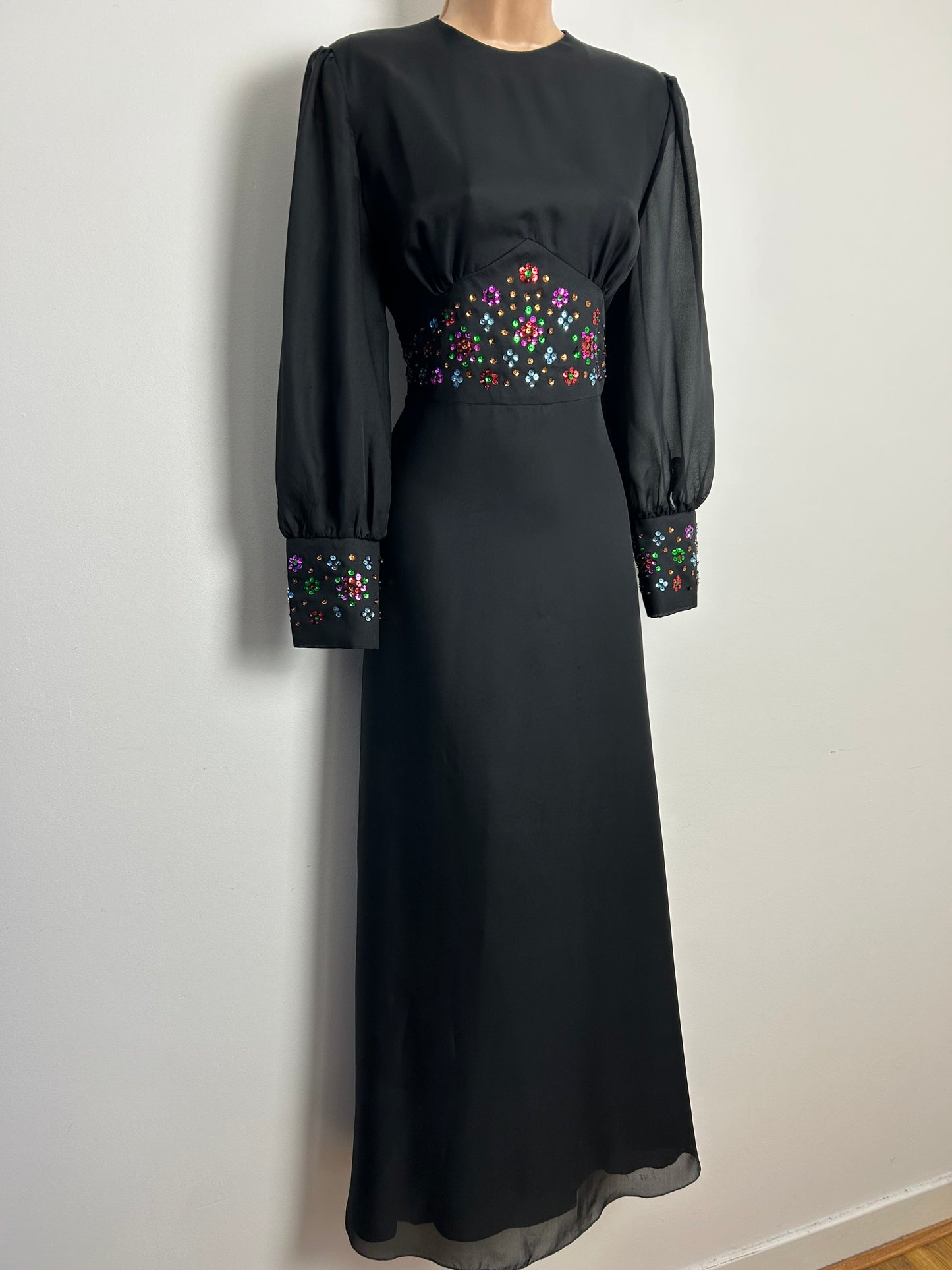 Vintage 1970s KLEEMIER HOFF Size 10 Black Chiffon Multicolour Sequin Detail Long Sleeve Occasion Maxi Dress