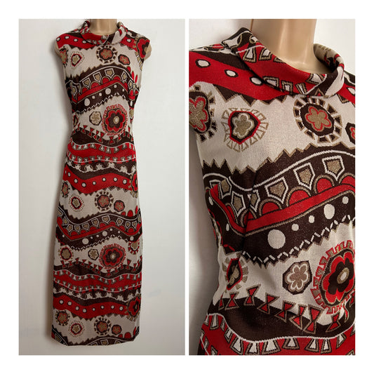 Vintage 1970s UK Size 12 Red Brown Beige & Gold Lurex Abstract Print Column Evening Occasion Maxi Dress