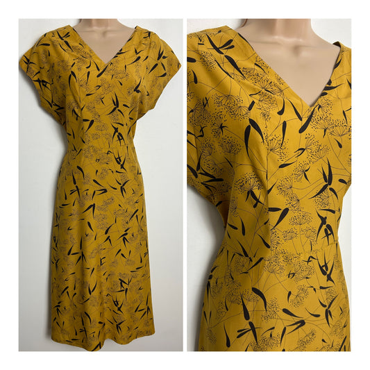 Vintage Early 1950s Size 14 Mustard & Black Stylised Floral Print Cap Sleeve Day Dress