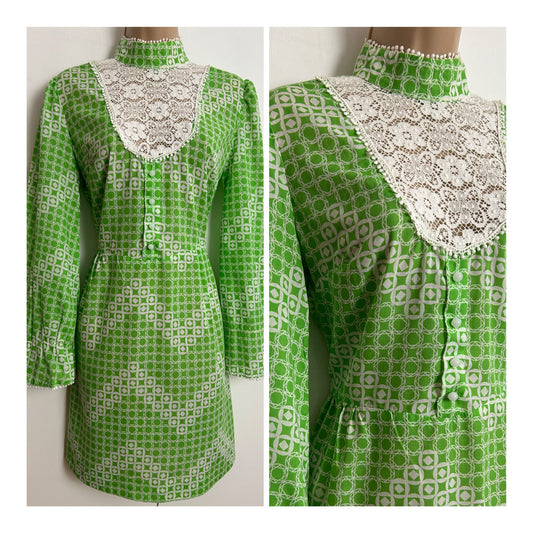 Vintage Early 1970s UK Size 10 Green & White Circle & Geo Print Lace Panelled Long Sleeve Mini Dress