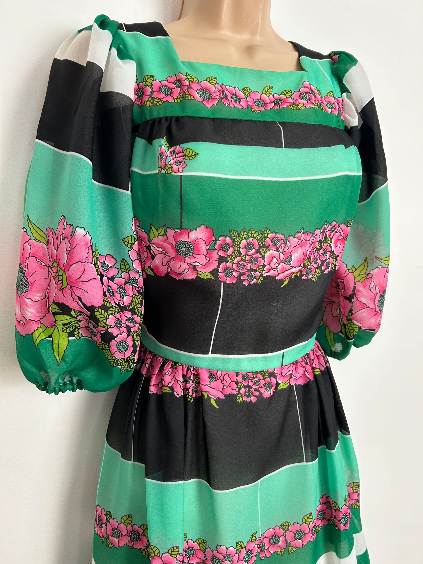 Vintage 1970s Size 10-12 Black Green White & Pink Stripe & Floral Print Puffed Sleeve Maxi Dress