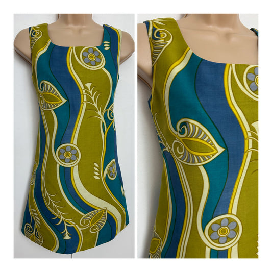 Vintage 1960s Size 8 Teal Olive & Blue Abstract Print Sleeveless Mini Mod Shift Dress
