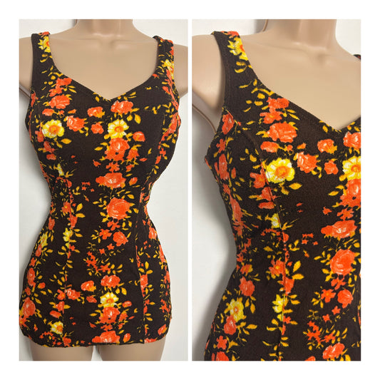 Vintage 1950’s TRIUMPH INTERNATIONAL Approx Size 14 "NOVA" Brown & Orange Floral Print Skirted Swimsuit
