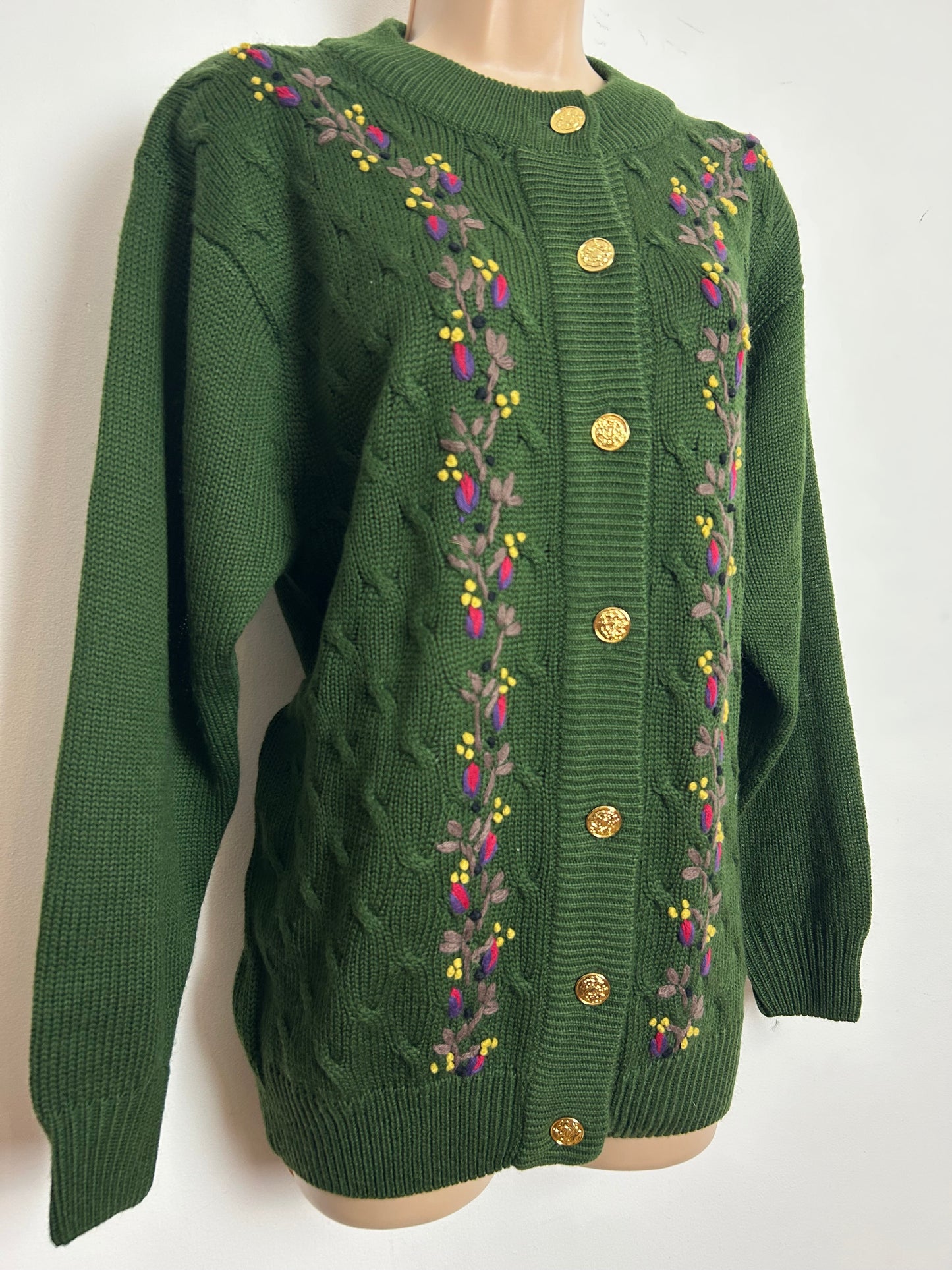 Vintage 1980s Up To Size 14 Dark Green Leaf Embroidered Wool Mix Cardigan