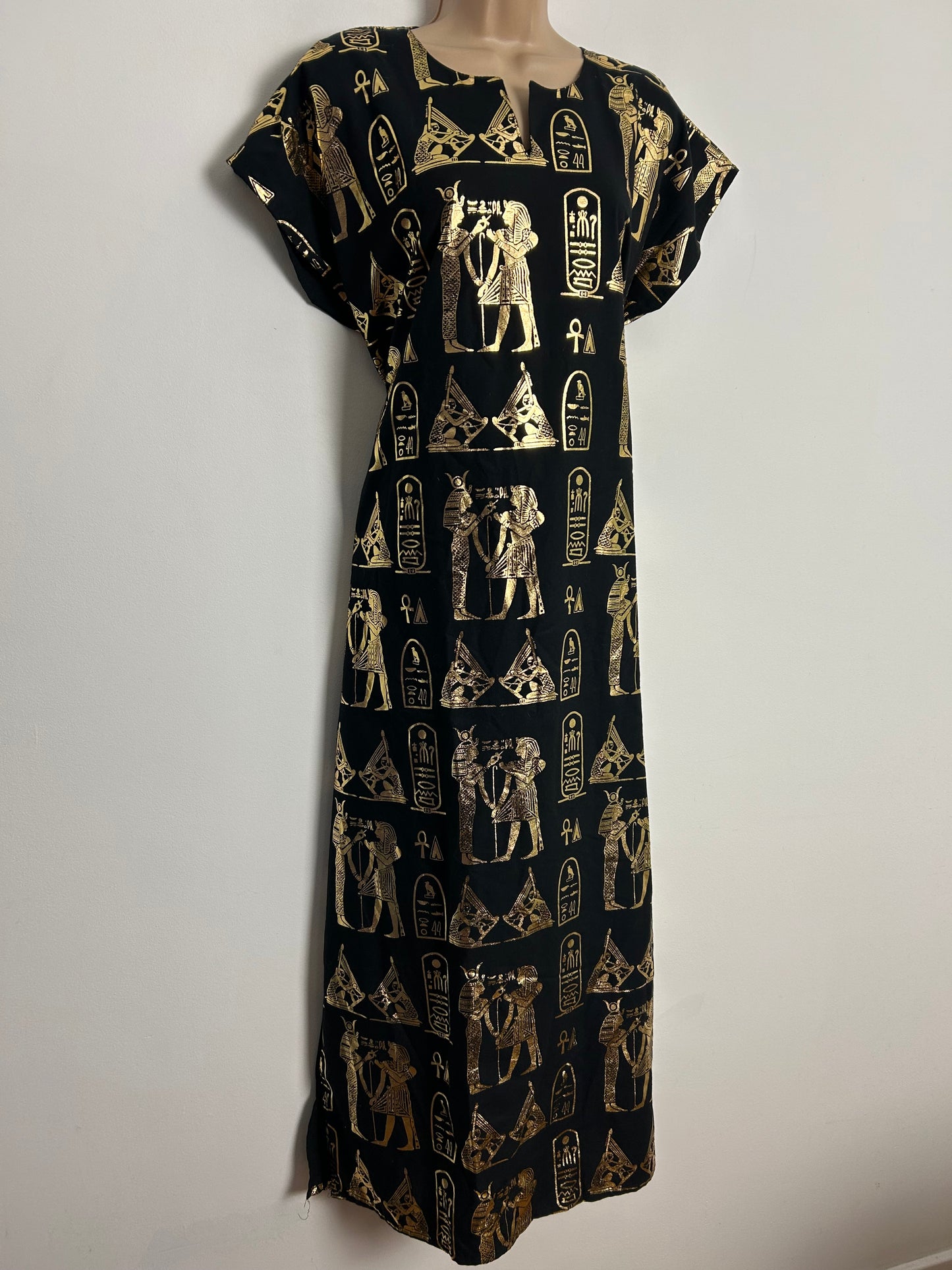 Vintage 1990s Y2K Up To Size 12/14 Black & Metallic Gold Egyptian Print Cotton Mix Kaftan