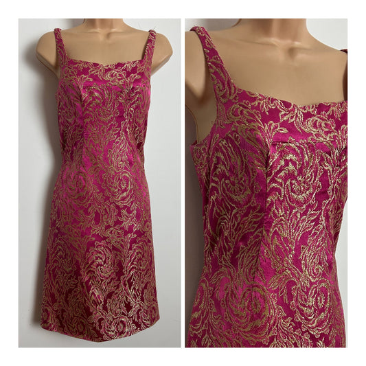 Vintage 1960s Size 10 Pink & Metallic Gold Floral Brocade Xmas Party Dress