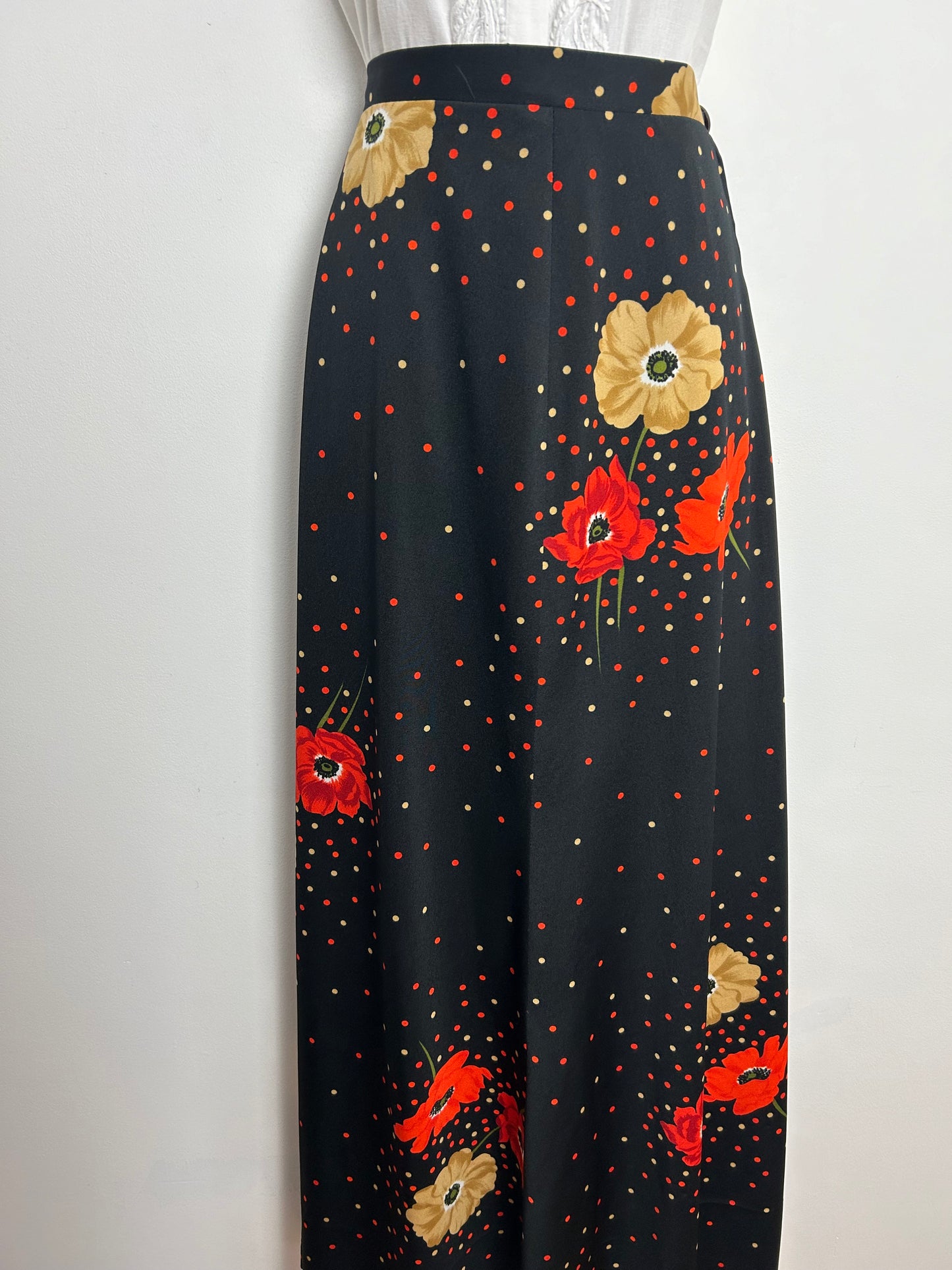 Vintage 1970s UK Size 10 Black Orange & Sandy Beige Floral & Polka Dot Print Maxi Skirt