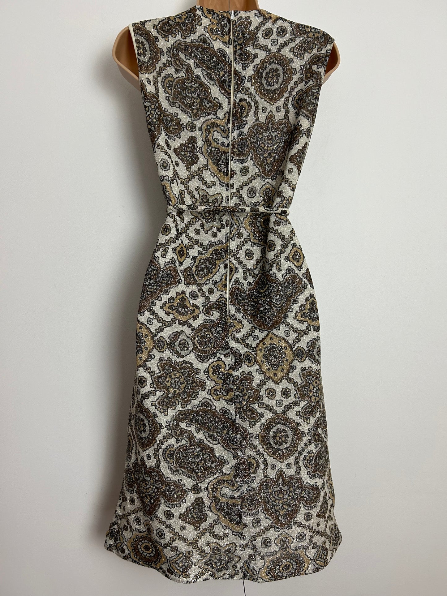 Vintage 1960s REMBRANDT UK Size 10 Beige Sand Brown & Metallic Abstract Floral Lurex Belted Mod Occasion Dress
