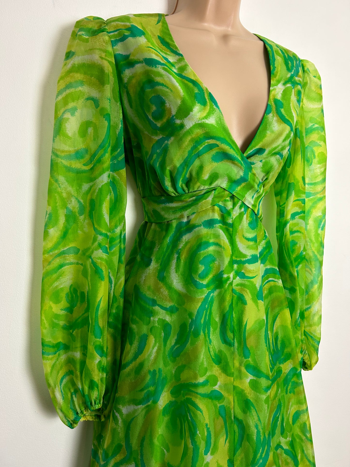 Vintage 1970s UK Size 12 Green Tones Abstract Print Wrap Tie Waist Long Sleeve Maxi Dress