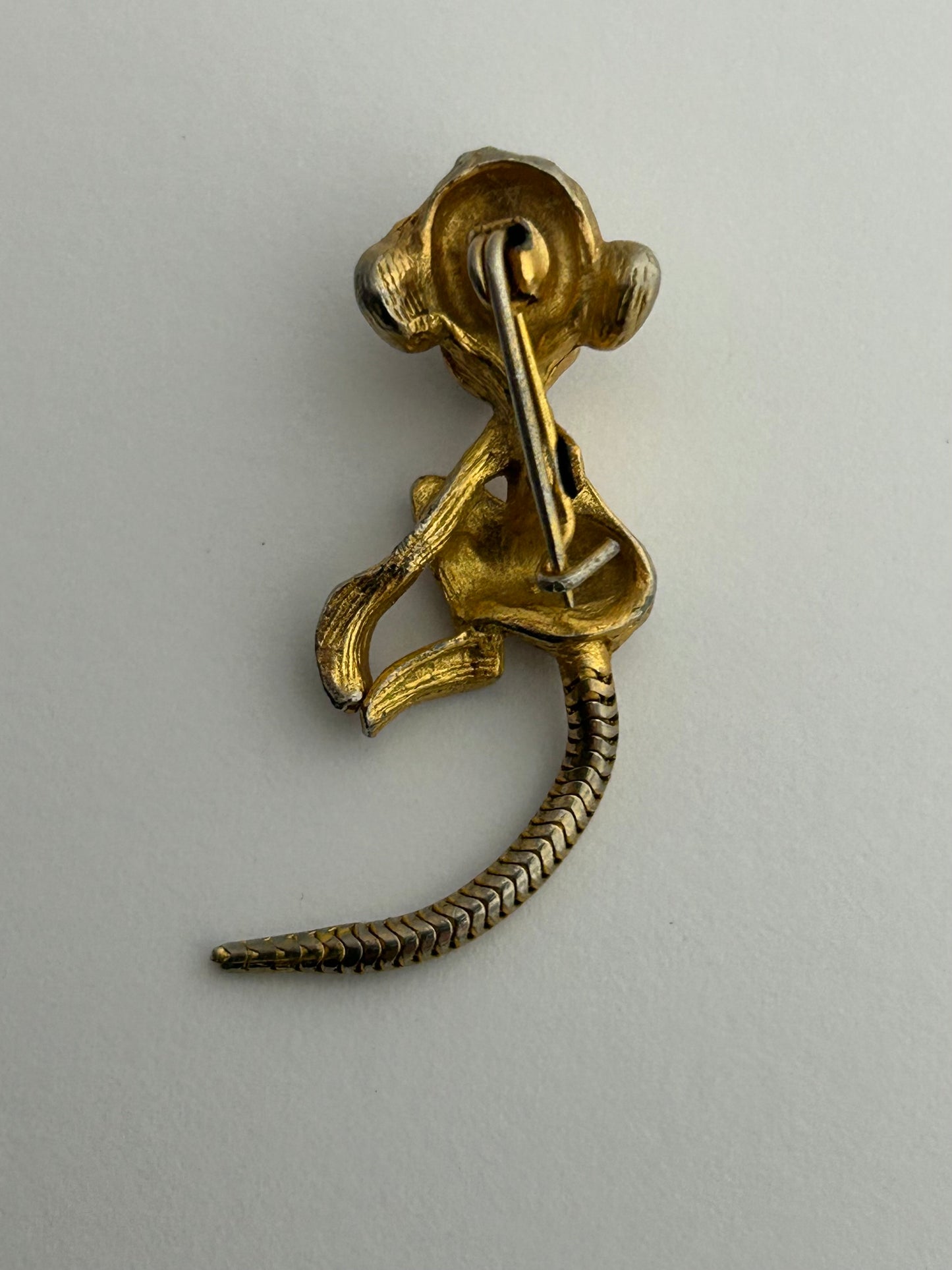 Vintage Gold Tone RARE French Articulated Tail Monkey Brooch With Green Stone Eyes