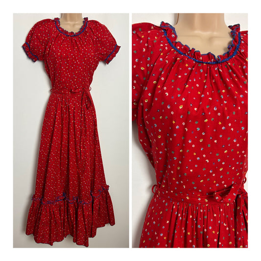 Vintage 1970s VERA MONT Size 6 Red Ditsy Floral Print Short Sleeve Belted Cotton Prairie Style Maxi Dress