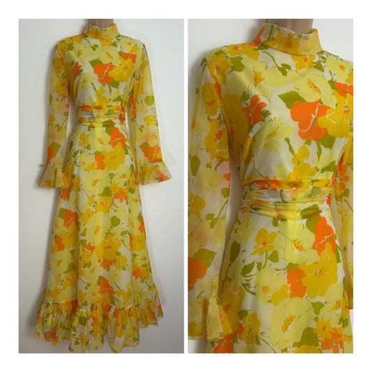 Vintage Early 1970s JOHN CHARLES Size 8-10 Lemon & Orange Tones Floral Print Long Sleeve Flared Cuff Maxi Dress