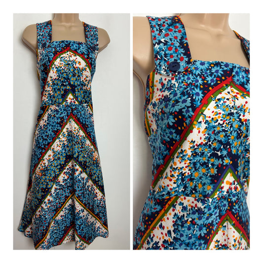 Vintage 1970s SOLIDA Size 12 Blue White Orange Red Floral & Stripe Print Cotton Summer Day Dress