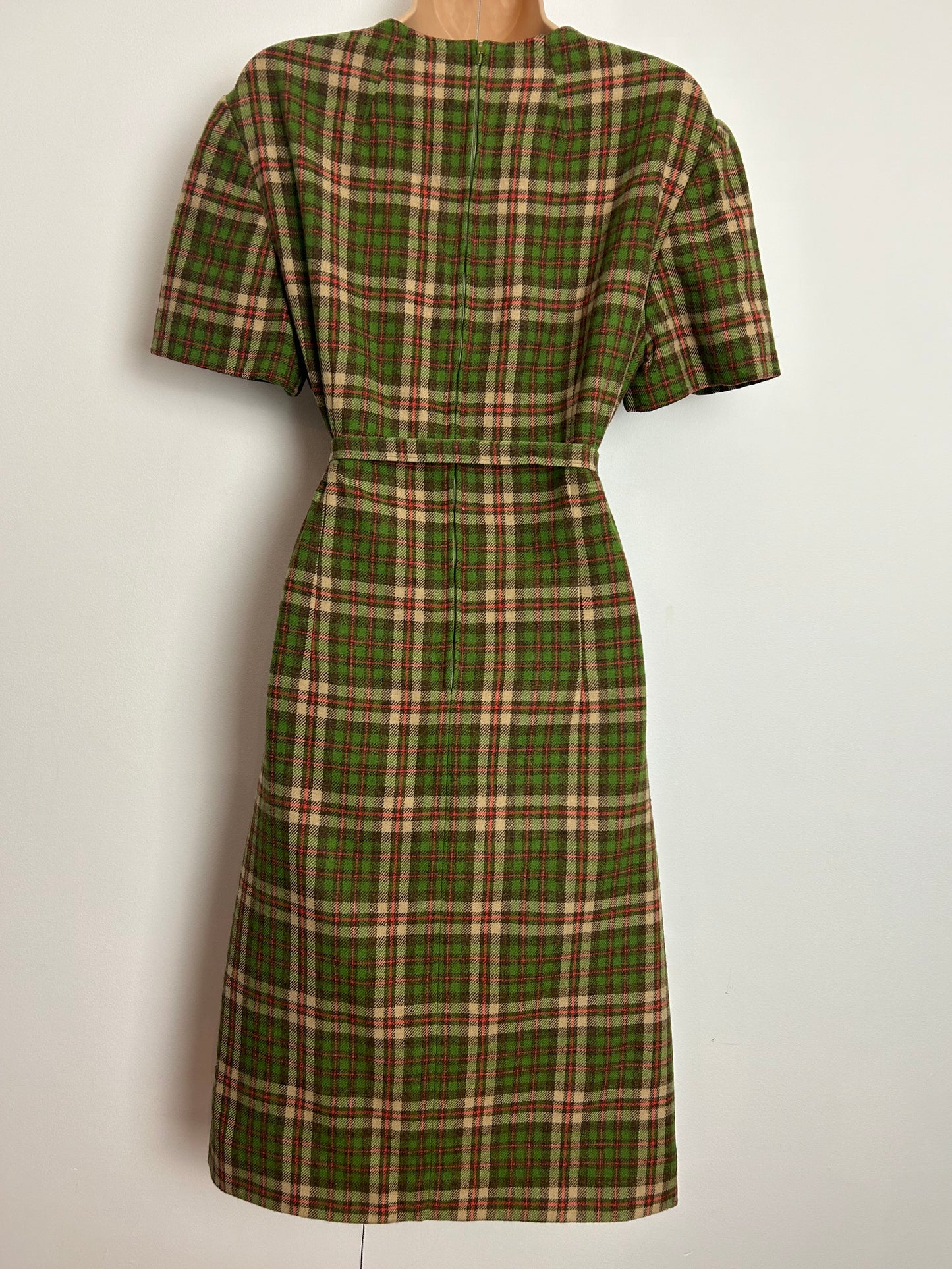 Vintage Early 1960s PENDLETON USA UK Size 14 Green Tartan Check 100% Virgin Wool Short Sleeve Belted Day Dress