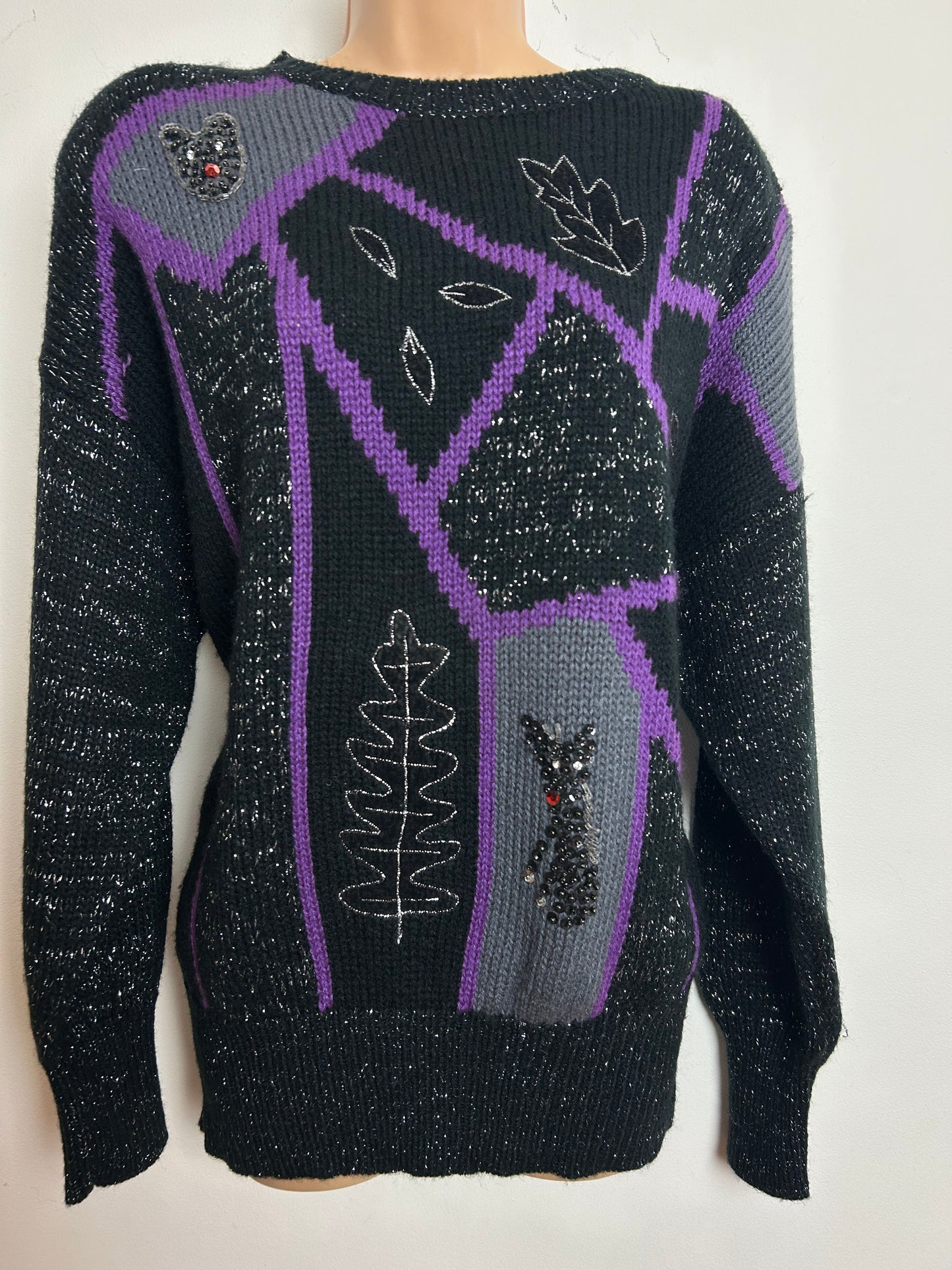 Vintage 1980s SANTAS Up To Size 16 Black Purple & Silver Lurex Sequin Cat Detail Jumper