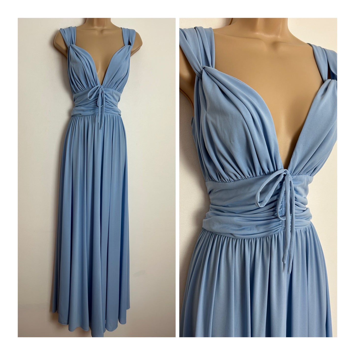 Vintage 1970s JOHN CHARLES UK Size 6-8 Beautiful Powder Blue Plunge Neck Special Occasion Maxi Dress