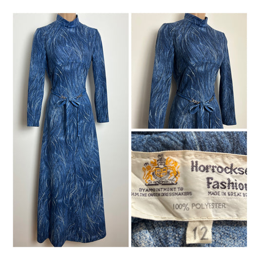 Vintage 1970s HORROCKSES FASHIONS Size 8 Blue Tones Abstract Print Long Sleeve Belted Maxi Dress