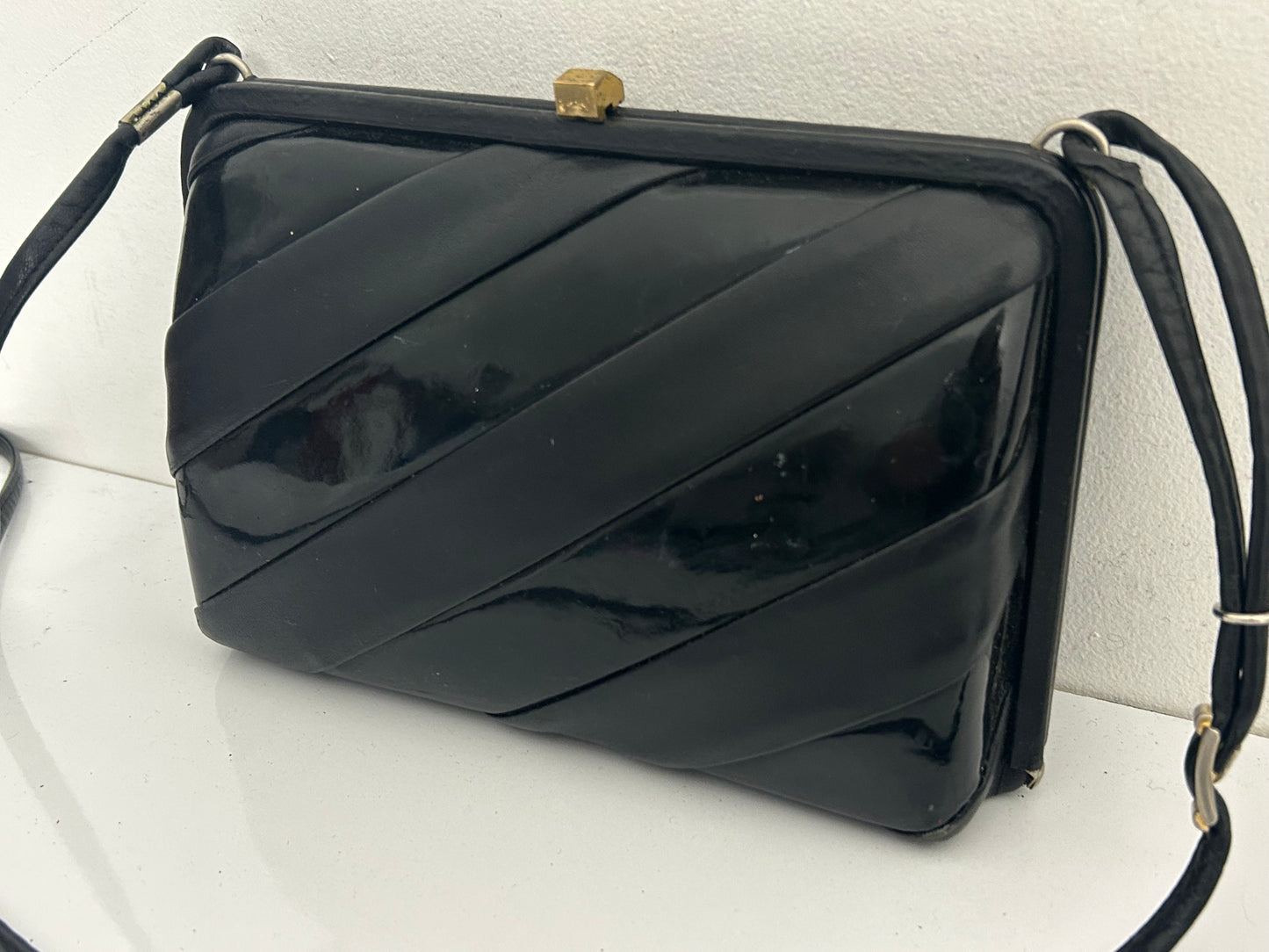 Vintage 1960s Black Leather & Patent Panels Box Style Shoulder Handbag