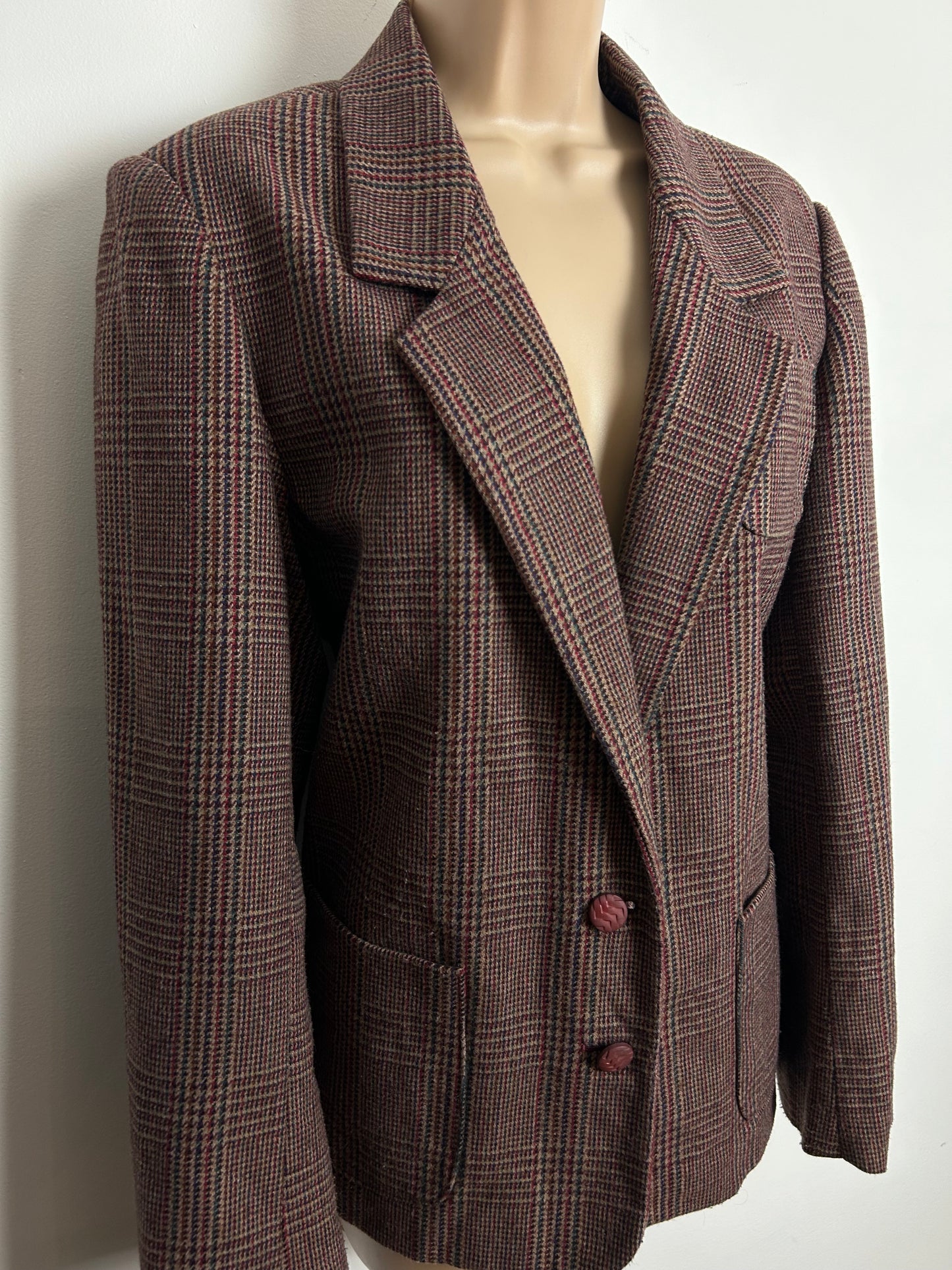Vintage 1990s Size 14 Brown Tweed Check Wool Blend Blazer