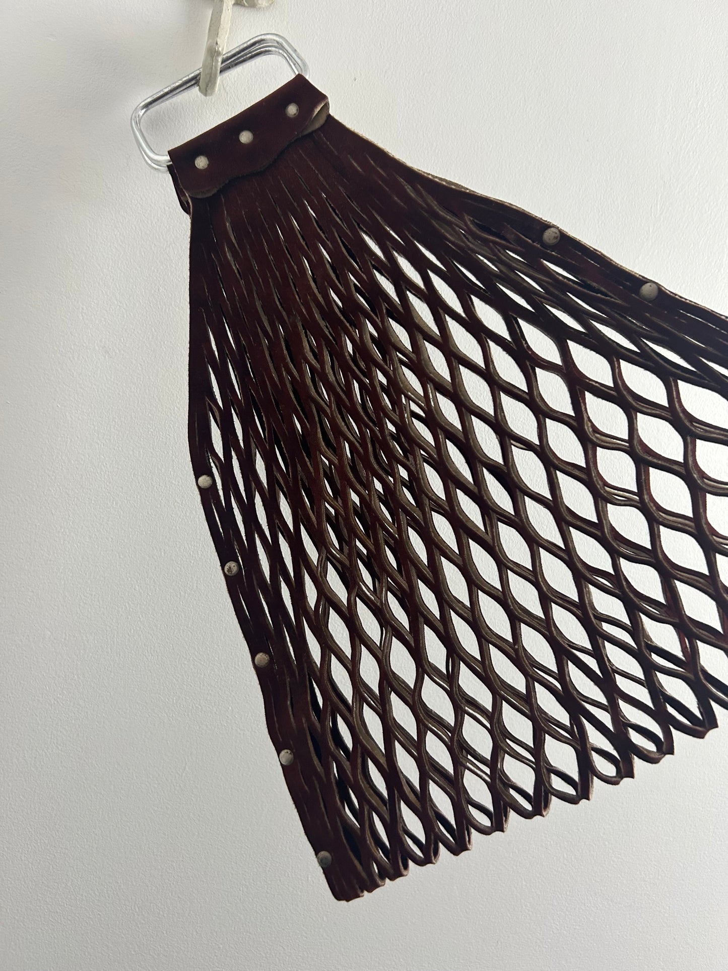 Vintage Late 1960s Brown Suede Leather Lattice Cutwork Stretchy Boho Bag