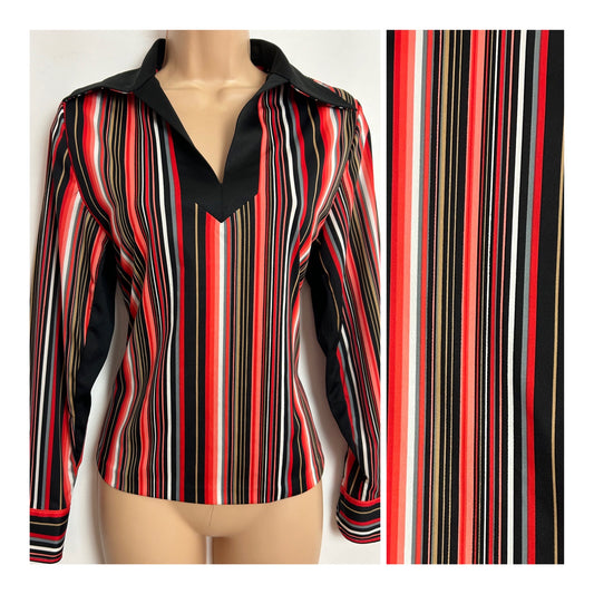 Vintage 1970s UK Size 8-10 Black Orange White & Grey Stripe Print Long Sleeve Shirt