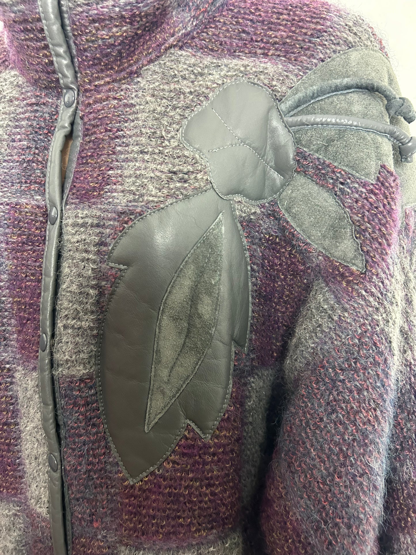 Vintage Late 1980s DINO VALIANO Size 12-14 Grey & Purple Check Kid Mohair Wool & Leather Applique Detail Coatigan