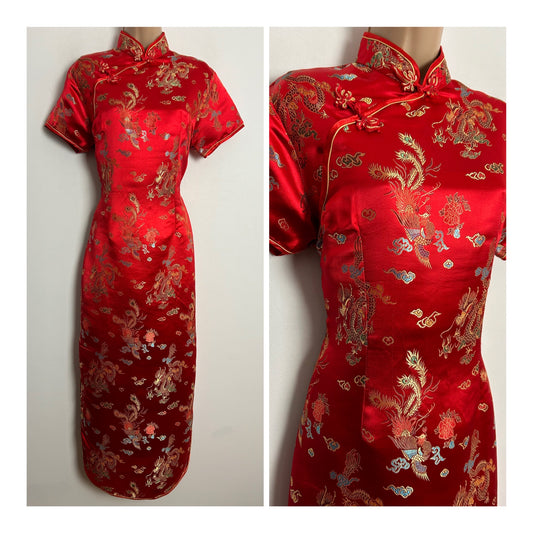 Vintage 1980s/1990s UK Size 12 Gorgeous Red Dragon Pattern Chinese Silk Feel Cheongsam Dress